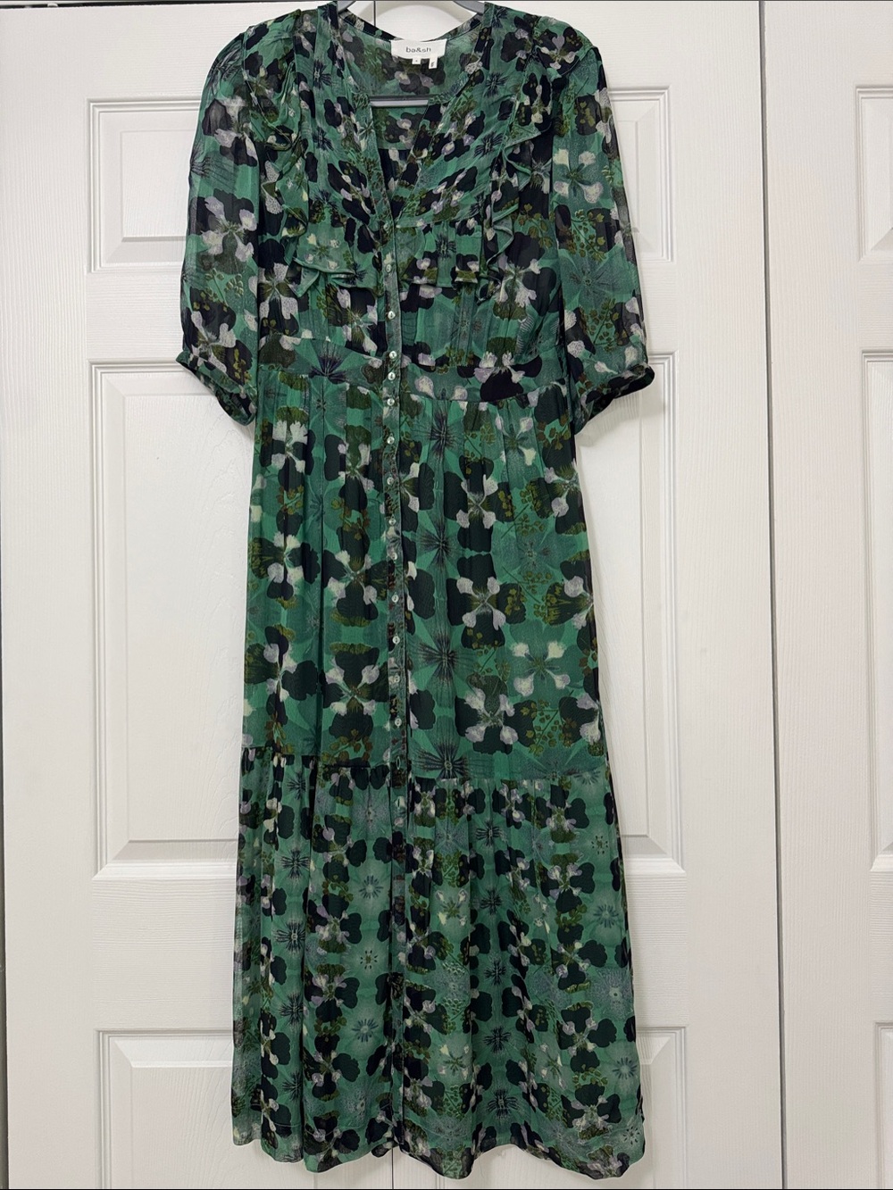 ba&sh Green Floral Ruffle-Front Maxi Dress